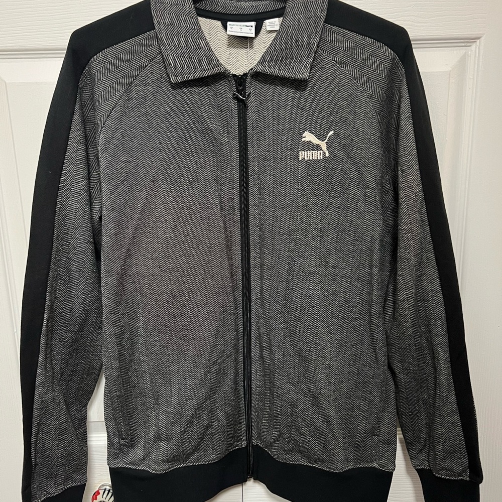 Puma Black & Gray Herringbone Zip-Up Track Jacket | Size MD